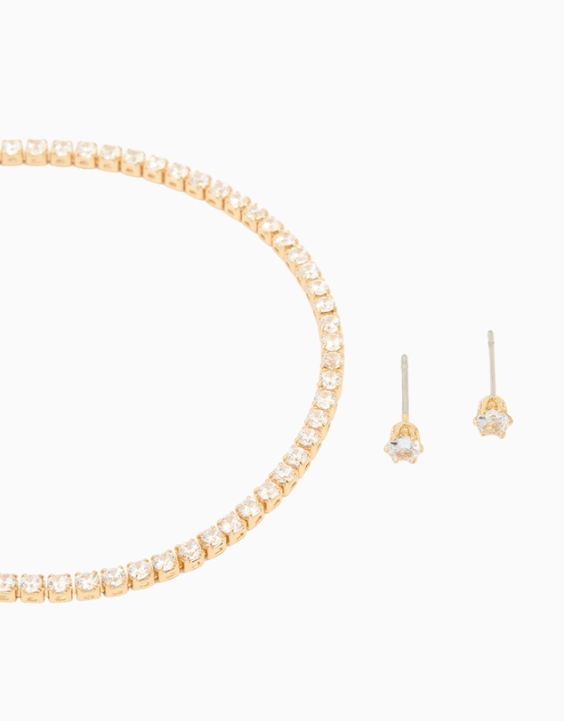Lovisa - Gold Plated Small Cubic Zirconia Baguette Tennis Bracelet & Earrings Set