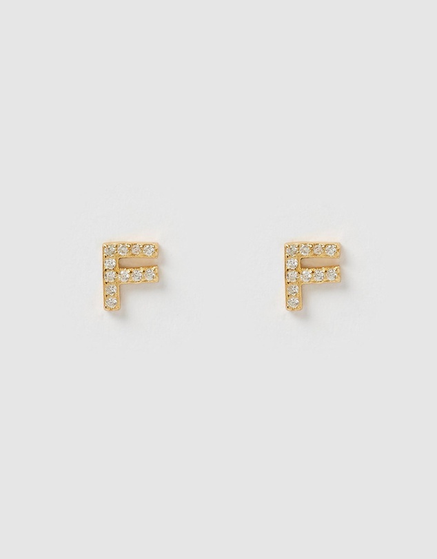 Izoa - Alphabet Mini Letter F Stud Earrings Gold