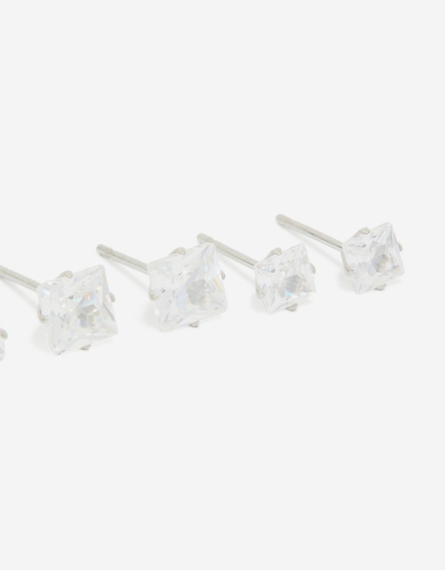 Lovisa - Waterproof Stainless Steel Cubic Zirconia Square Stud Earrings 3-Pack