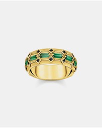 THOMAS SABO - Wide Gold Plated Crocodile Ring with Green Stones