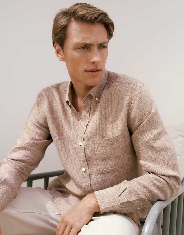 Trenery - Regular Fit Yarn Dyed Linen Grid Shirt in Camel