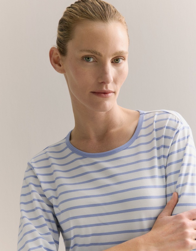 Trenery - Cotton Stripe 3/4 Sleeve T-shirt in Cornflower Blue