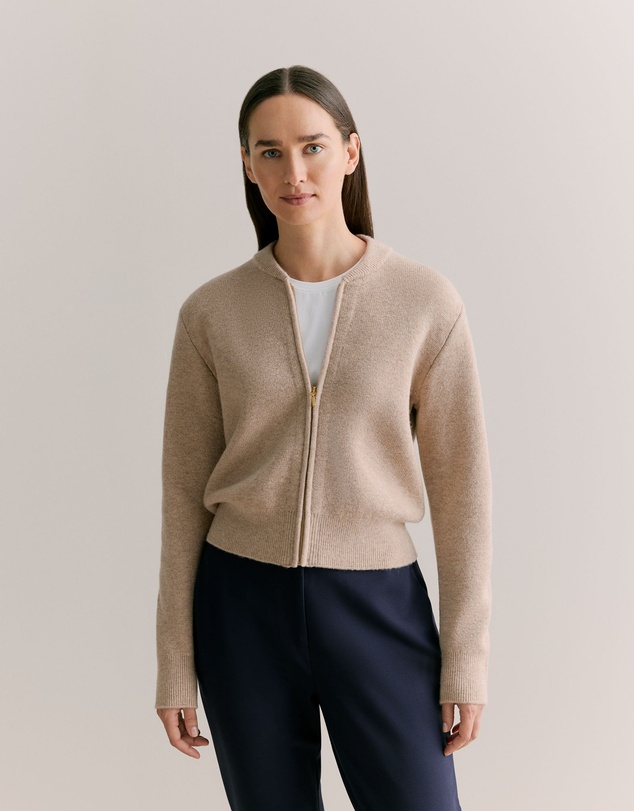 Trenery - Merino Double Knit Zip Bomber Cardigan in Oatmeal Marle