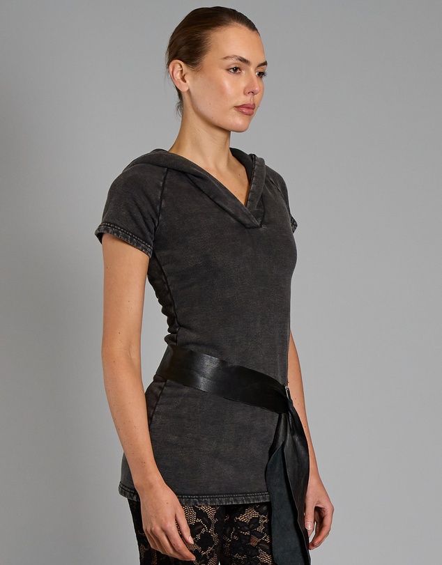 Love and Nostalgia - Taylor Hooded Cotton Fleece Dress- Black Acid Wash