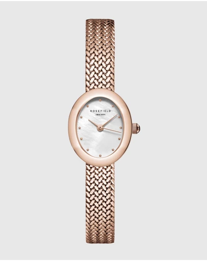 Rosefield - Mini Oval White Rose Gold-Tone Woven Mesh Bracelet Watch