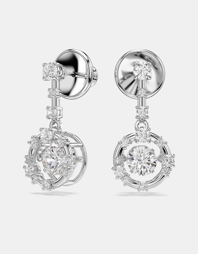 Swarovski - Constella Drop Earrings, Round Cut, Dancing Stone, White, Rhodium Plated
