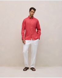 Trenery - Regular Fit Linen Classic Long Sleeve Shirt in Crimson