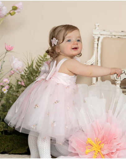 Bebe by Minihaha - Pink Floral Embroidered Back Bow Tulle Dress With Bloomers - Babies