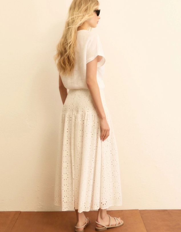 Emme - White Cotton Embroidered Midi Skirt