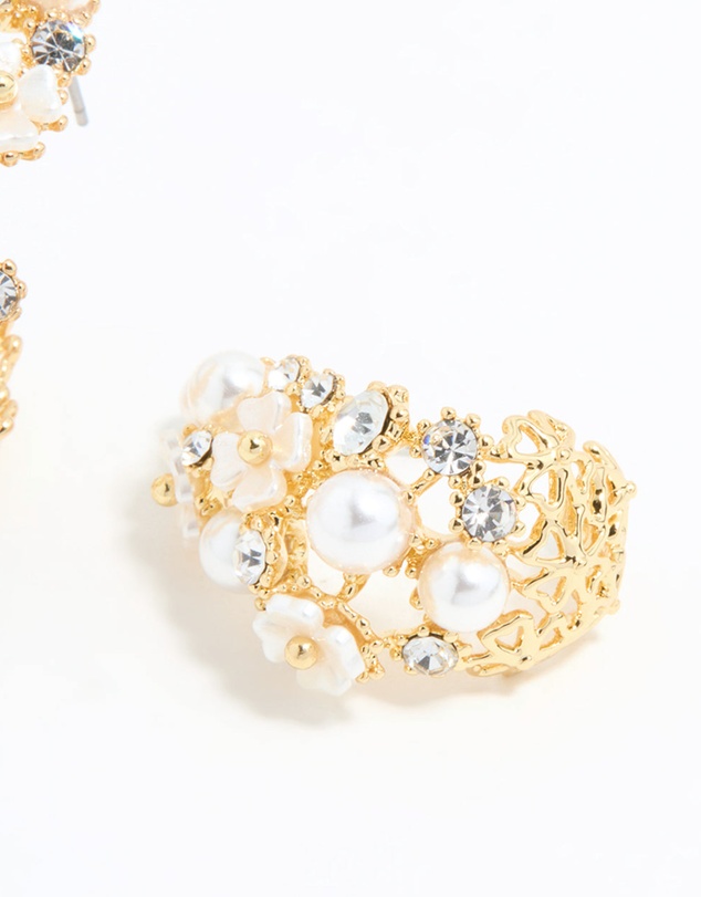 Lovisa - Gold Plated Diamante & Pearl Flower Hoop Earrings