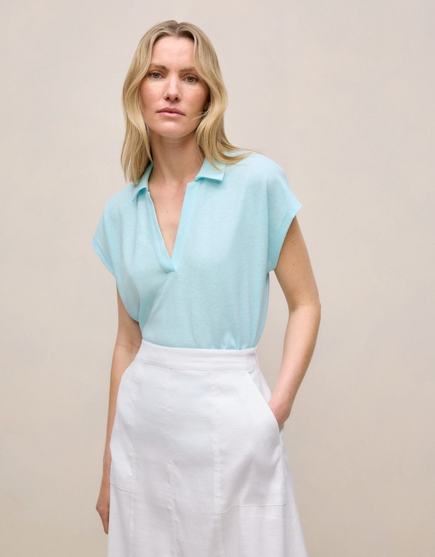 Trenery - Linen Cotton Relaxed Cap Sleeve Polo in Pastel Blue