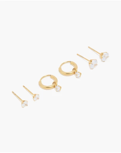 Lovisa - Waterproof Gold Plated Stainless Steel Cubic Zirconia Hoop & Stud Earrings 3-Pack