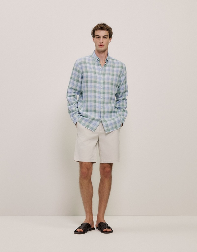 Trenery - Regular Fit Yarn Dyed Linen Check Shirt in Sage Green