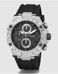 GUESS - Chrono Multifunction 46mm Silver-Tone with Black Dial and Silicone Strap