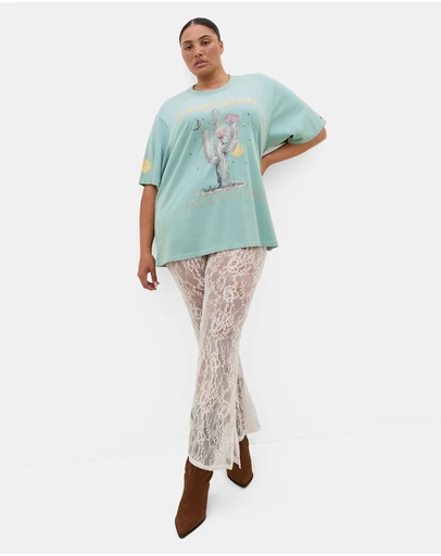 City Chic - Plus size Indigo Cactus Oversized Cotton Tee - sage