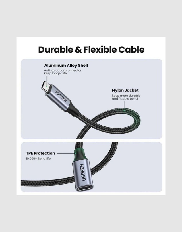 Ugreen - UGREEN USB-C 3.1 Extension Cable 1m Dark Gray Durable Nylon Braided for Data Transfer Charging