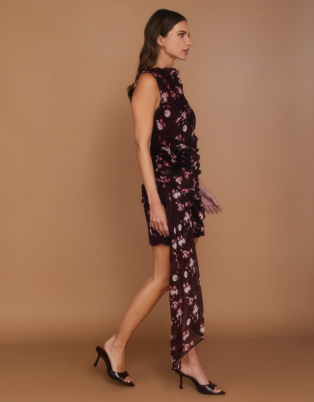 Six Stories - Floral Coursage Ruched Mini Dress with Drape