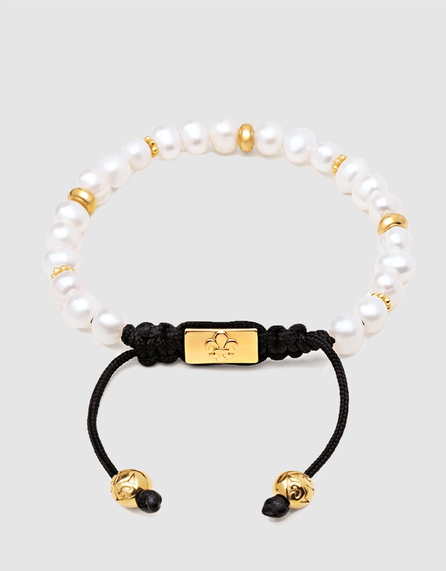 Nialaya Jewellery - Men's Beaded Bracelet with Pearl and Gold