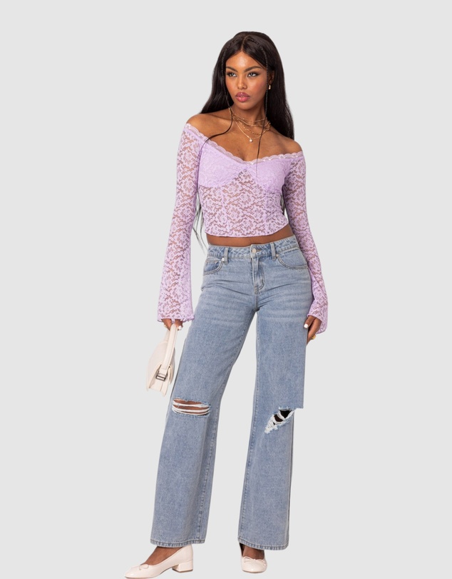 EDIKTED - Linda Off Shoulder Sheer Lace Top