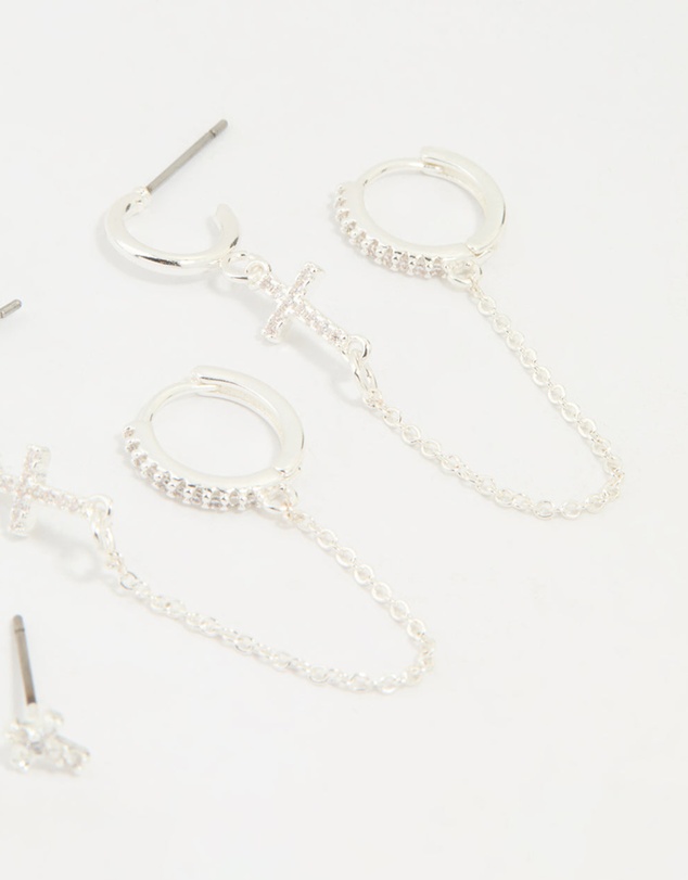 Lovisa - Silver Plated Brass Cubic Zirconia Cross Stud & Chain Earrings 4-Pack