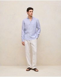 Trenery - Regular Fit Linen Bengal Stripe Shirt in Vivid Blue