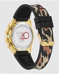 GUESS - ICONIC 40TH Animal 39mm Gold-Tone Case Black Silicone Strap