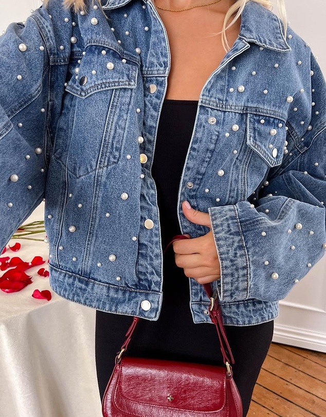 Beginning Boutique - Denim Dazzle Pearl Mid Wash Denim Jacket