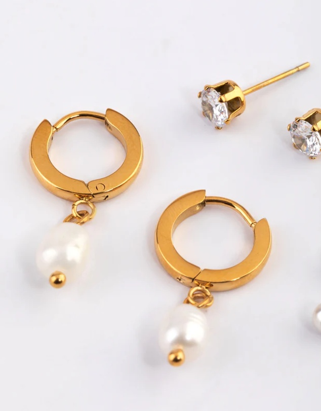 Lovisa - Waterproof Gold Plated Stainless Steel Cubic Zirconia Pearl Drop Huggie Earrings Pack