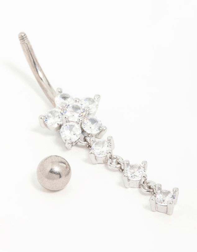 Lovisa - Titanium Flower Cubic Zirconia Drop Belly Bar