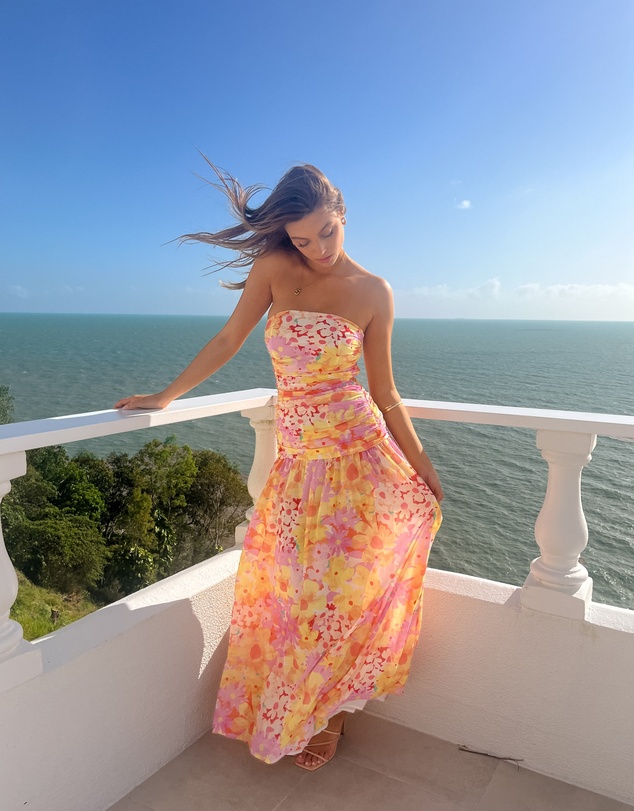 Beginning Boutique - Sinclair Yellow Floral Print Strapless Maxi Dress