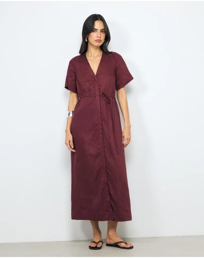 AERE - Cery Linen Short Sleeve Midi Dress
