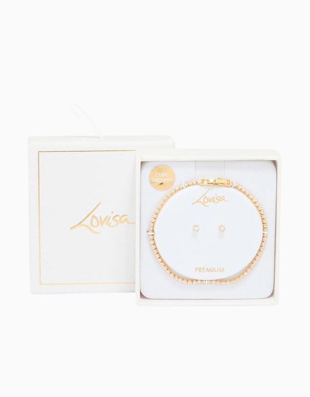 Lovisa - Gold Plated Small Cubic Zirconia Baguette Tennis Bracelet & Earrings Set