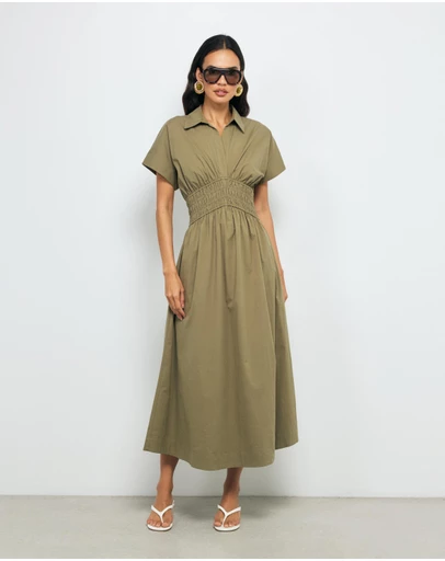 AERE - Carmine Shirred Waist Shirt Dress
