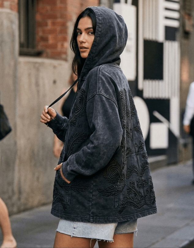 THE TALES - Textured Flower Embroidered Hoodie Jacket