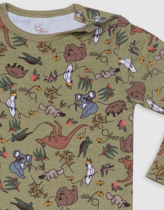 B Free Intimate Apparel - Baby Snap Button Sleepsuit with Booties - 100% Organic Cotton - Khaki Native Aussie Animals