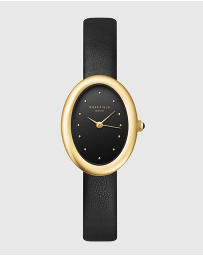 Rosefield - Ovale Black Matte Gold-Tone Black Leather Watch