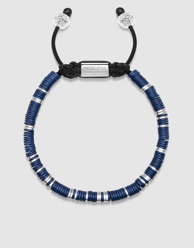 Nialaya Jewellery - Men's Beaded Bracelet with Dark Blue and Silver Disc Beads