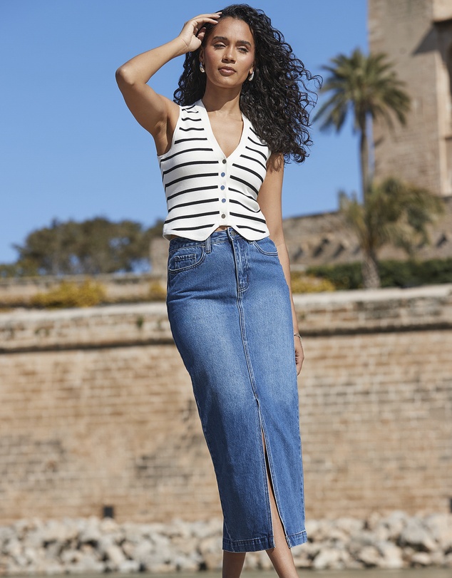 Sosandar - Longline Denim Midi Skirt