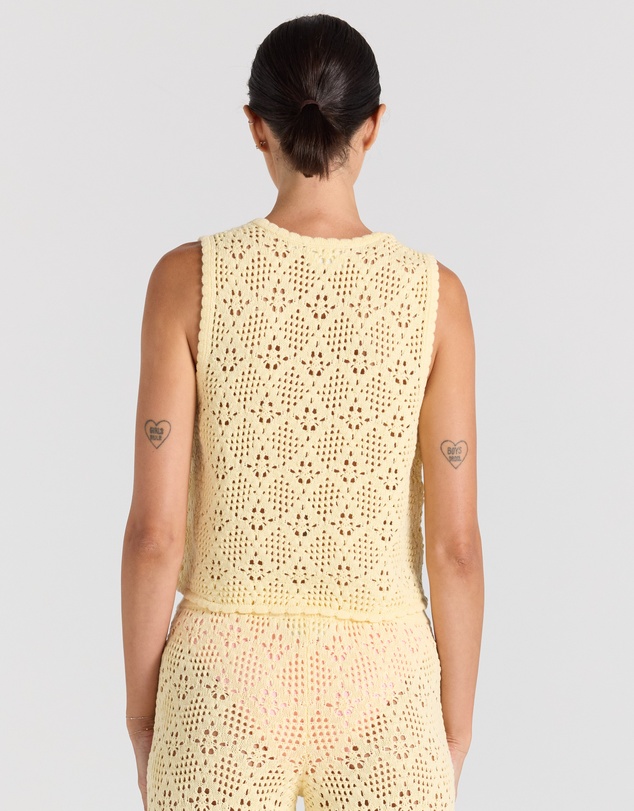 Poolside Paradiso - Messina Crochet V Knit Button Up Top - Lemon