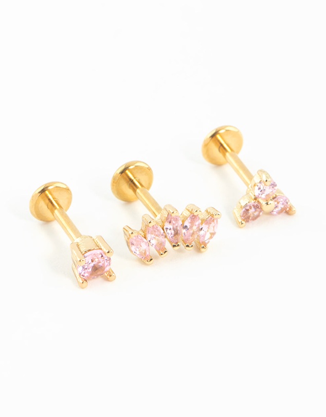 Lovisa - Gold Plated Surgical Steel Pink Cubic Zirconia Flower & Fan Flat Backs 3-Pack