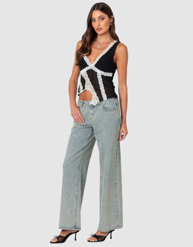 EDIKTED - Chiffon & Lace Sheer Asymmetric Top