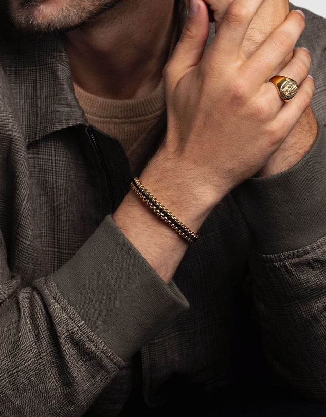 Nialaya Jewellery - Black Woven 8mm Box Chain Bracelet in Gold