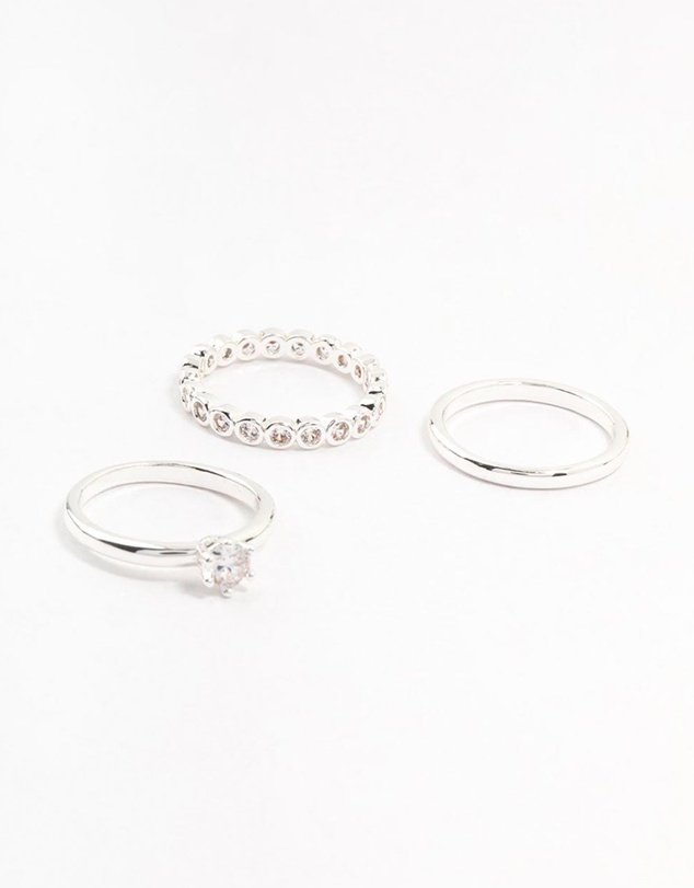 Lovisa - Silver Plated Fine Round Cubic Zirconia Stacking Rings 3-Pack