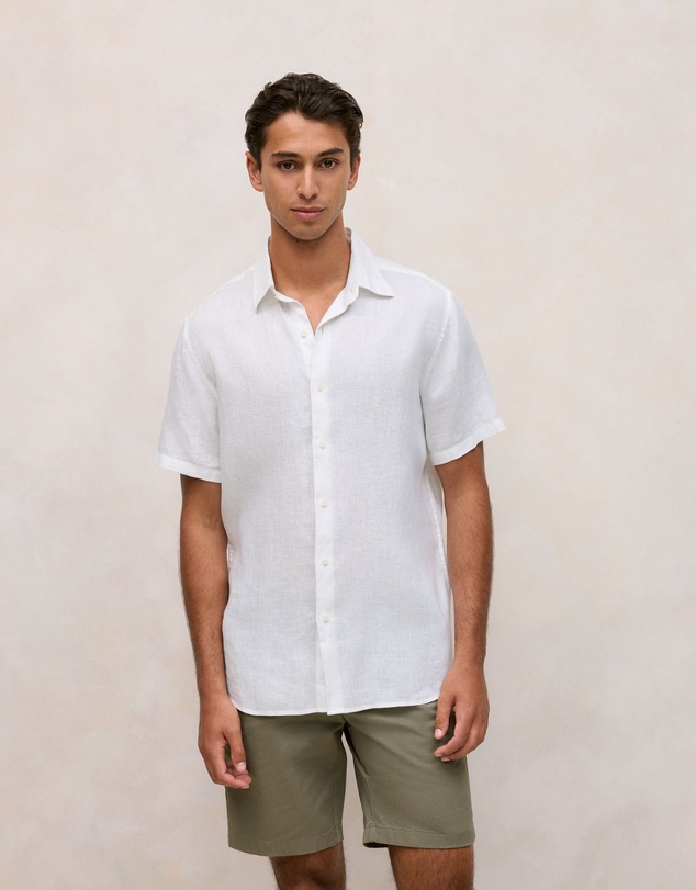 Trenery - Regular Fit Linen Short Sleeve Shirt in White
