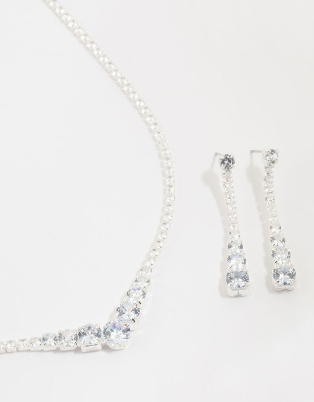 Lovisa - Silver Cubic Zirconia Pointed Earrings & Necklace Set