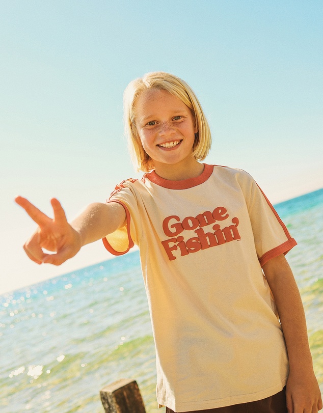 Skwosh - Gone Fishin Kids Boxy Ringer Tee in Off White