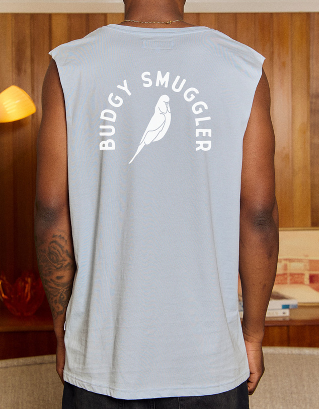 Budgy Smuggler - Light Blue Singlet with Budgy Arch logo
