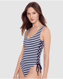 Polo Ralph Lauren - Pique Stripe Lace Up High Leg Low Back Swimsuit