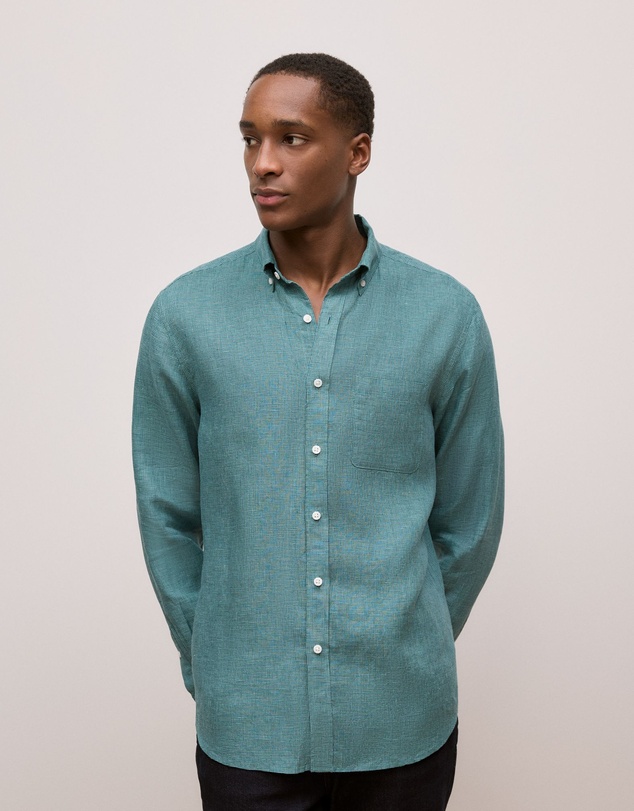 Trenery - Regular Fit Linen Micro Check Long Sleeve Shirt in Jade Green