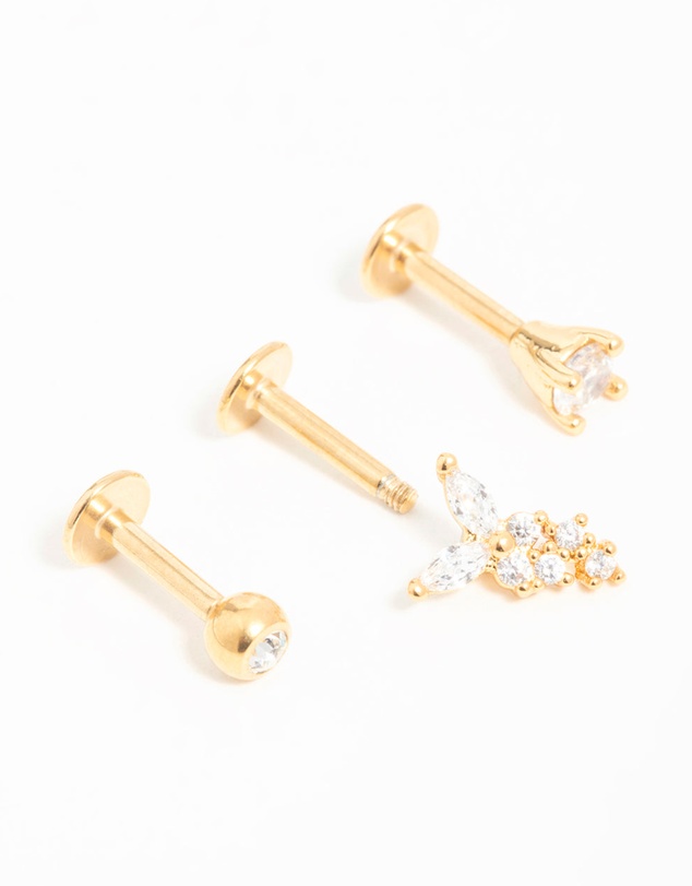 Lovisa - Gold Plated Surgical Steel Cubic Zirconia Butterfly Flat Back Studs 3-Pack
